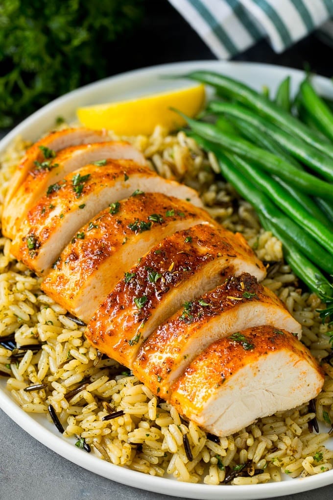 Baked Chicken Breast Recipe #chicken #dinner #bajap Baked chicken breast served with rice and green beans.