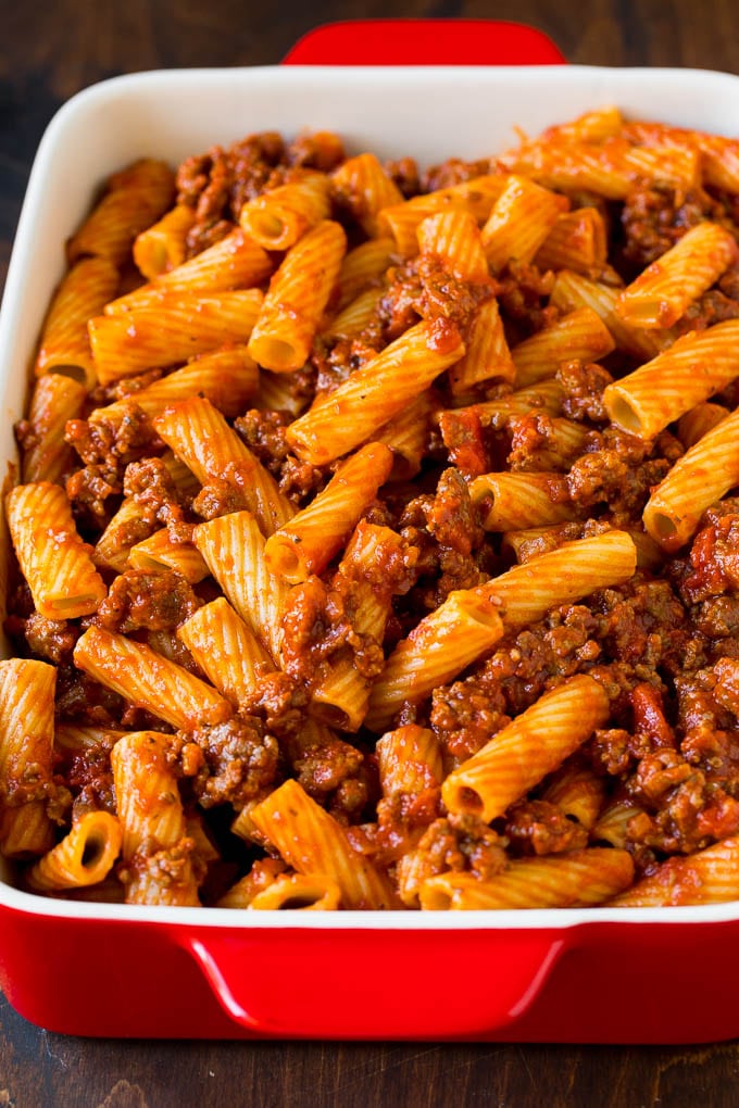 Baked Rigatoni Pasta #pasta #dinner #italianfood #groundbeef #bajap #casserole Rigatoni pasta tossed with meat sauce.