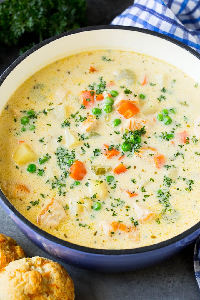 Chicken Pot Pie Soup Recipe | Chicken Soup #soup #chicken #dinner #comfortfood #bajap Creamy chicken pot pie soup served with biscuits on the side.