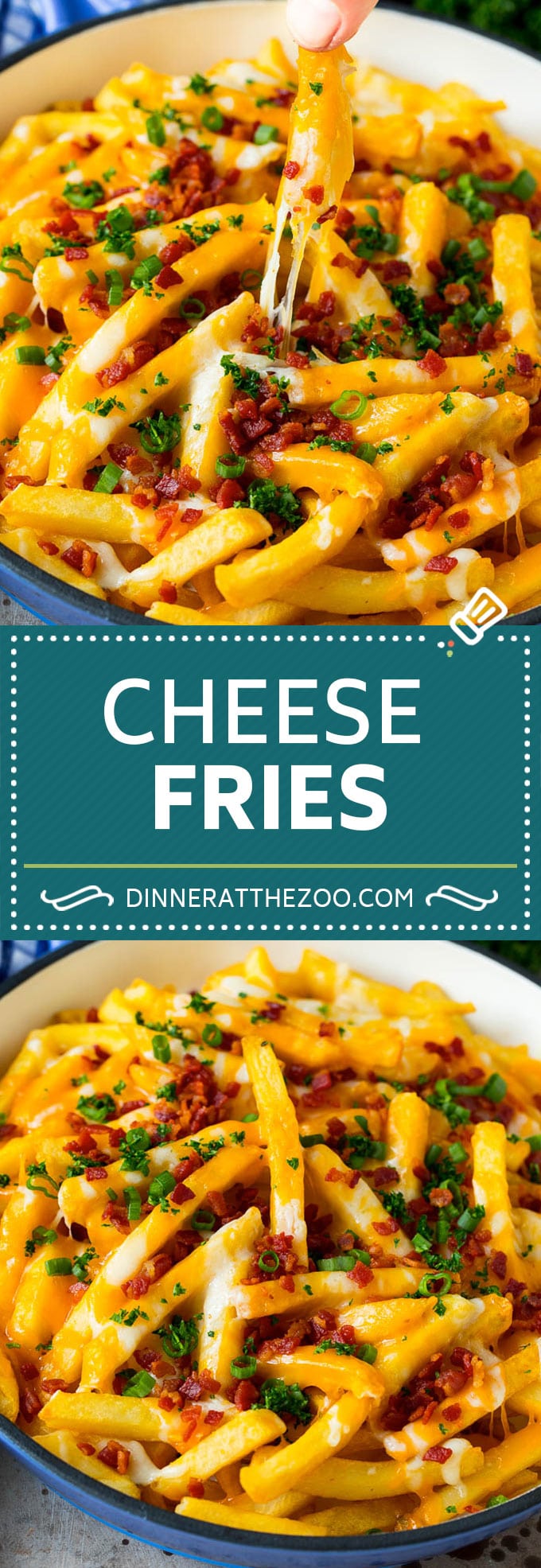 These cheese fries are crispy potatoes topped with plenty of melted cheese, bacon and herbs. #fries #bajap