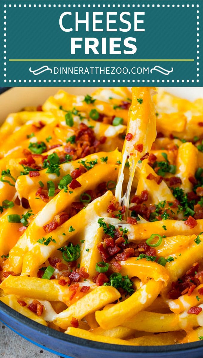 These cheese fries are crispy potatoes topped with plenty of melted cheese, bacon and herbs. #fries #bajap
