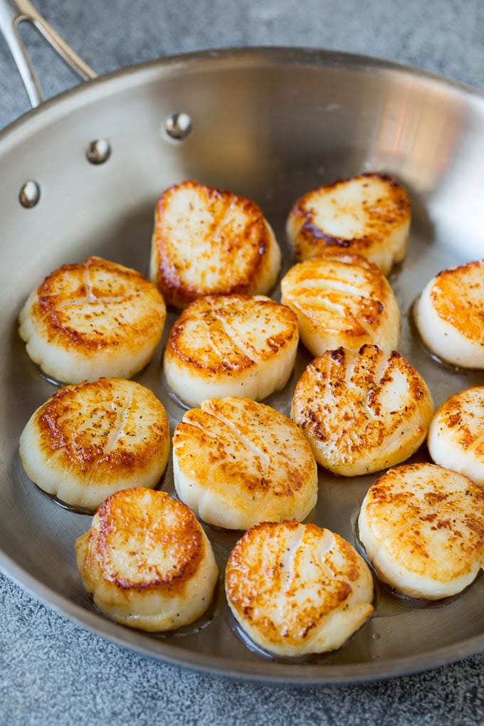 Seared scallops with a garlic and herb butter sauce. An easy and elegant dinner! #seafood #dinner #bajap Scallops cooked to golden brown in a pan.