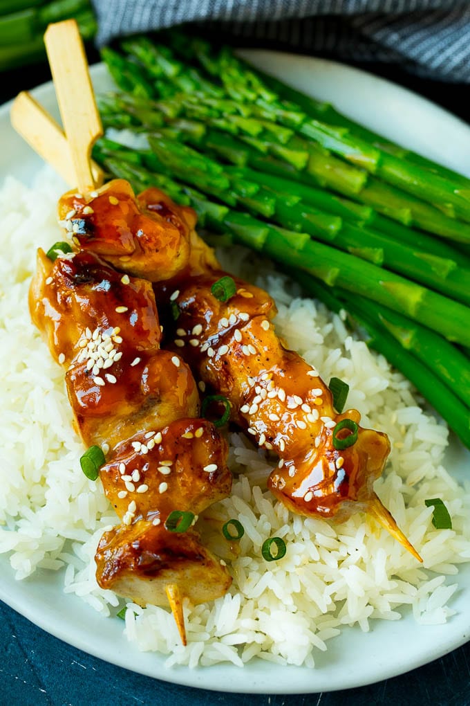 Chicken Yakitori Recipe | Grilled Chicken #chicken #grilling #dinner #bajap Yakitori skewers served over steamed rice with asparagus.