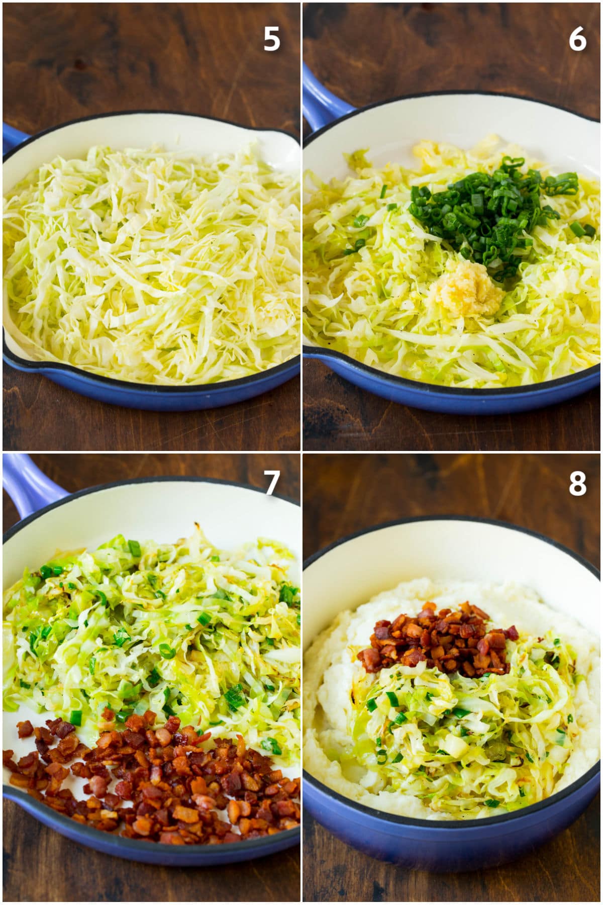 Colcannon Recipe | Mashed Potatoes #potatoes #cabbage #bacon #sidedish #stpatricksday #dinner #bajap Process shots of cabbage being cooked and added to potatoes with bacon.