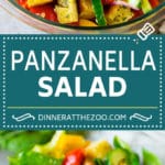 Panzanella salad with toasted bread cubes and colorful vegetables all tossed in a homemade dressing. #salad #bajap