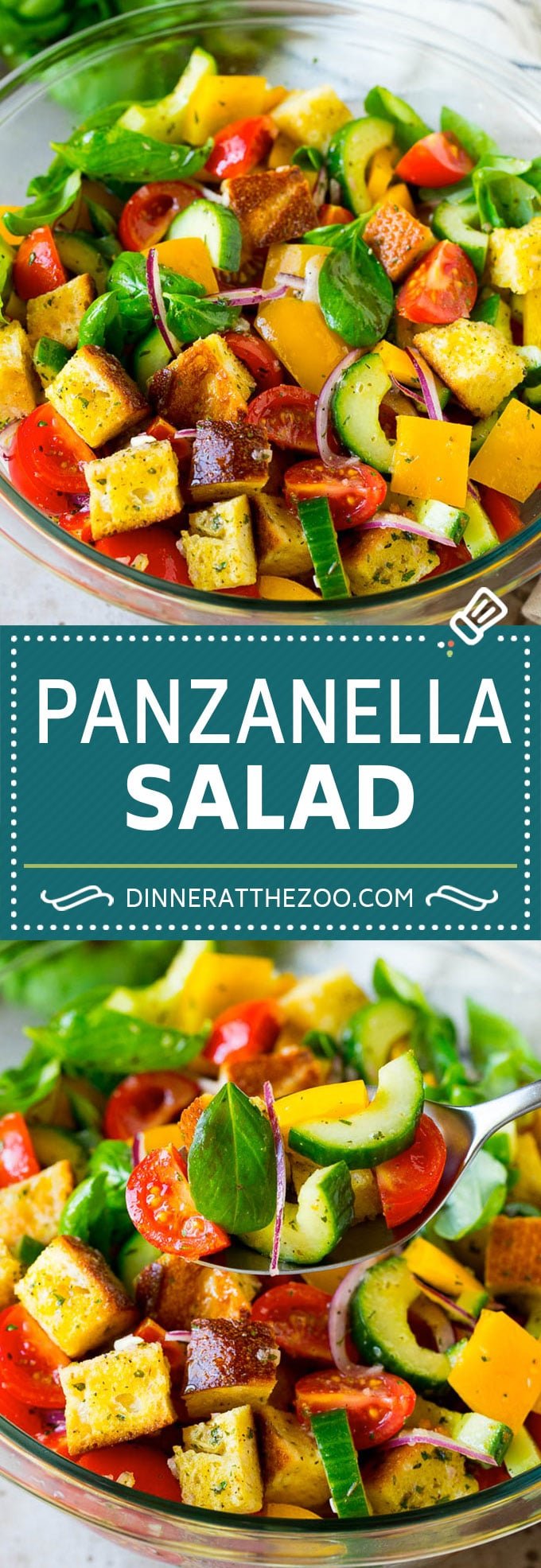 Panzanella salad with toasted bread cubes and colorful vegetables all tossed in a homemade dressing. #salad #bajap