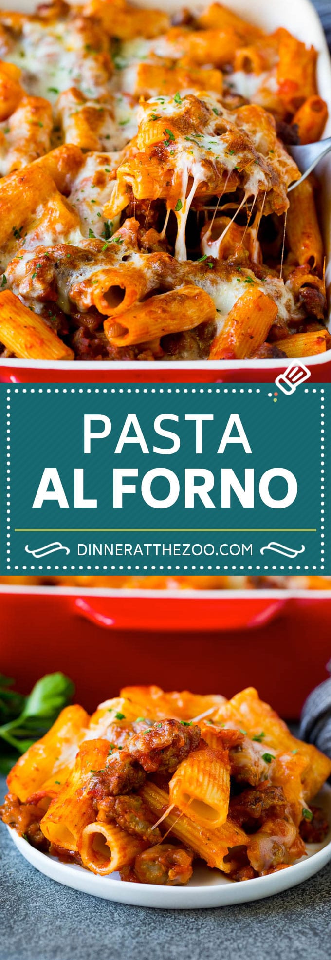 Pasta al Forno is hearty rigatoni noodles tossed in a savory meat sauce then topped with cheese and baked. #pasta #bajap