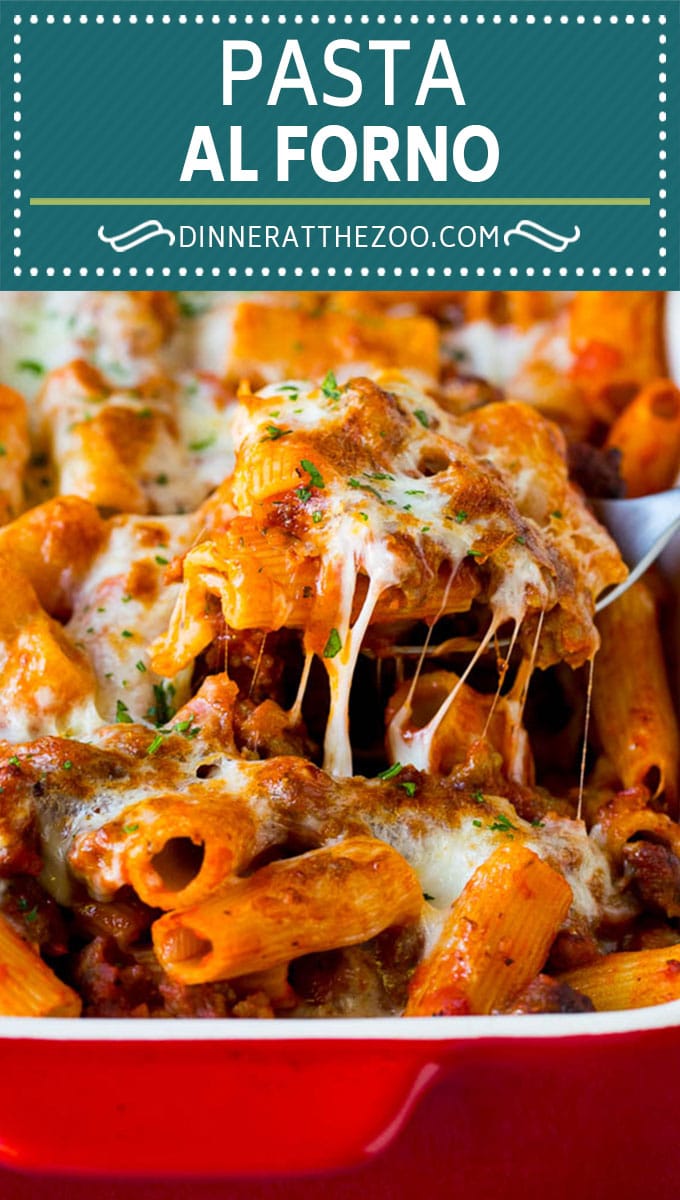 Pasta al Forno is hearty rigatoni noodles tossed in a savory meat sauce then topped with cheese and baked. #pasta #bajap