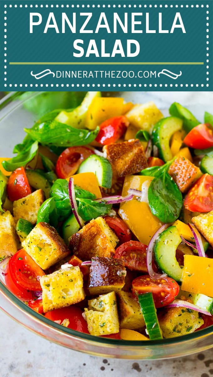 Panzanella salad with toasted bread cubes and colorful vegetables all tossed in a homemade dressing. #salad #bajap