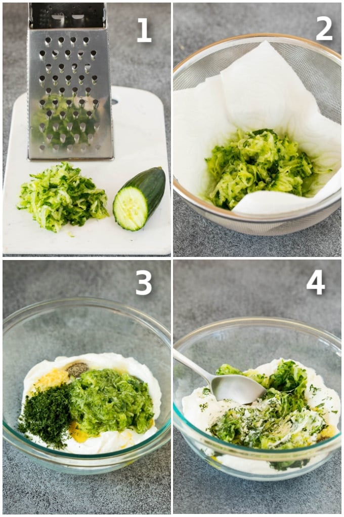 The best homemade tzatziki sauce with cucumber and herbs mixed into Greek yogurt. #appetizer #bajap Process shots including grated cucumber, ingredients in a bowl, and a spoon stirring everything.