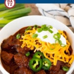 This Texas chili is chunks of beef that are slow simmered with a variety of spices to make a rich and hearty stew. A no bean chili that's packed with flavor and is always a hit with family and friends.