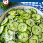 A bowl of cucumber salad with red onions, dill and a red wine vinaigrette.