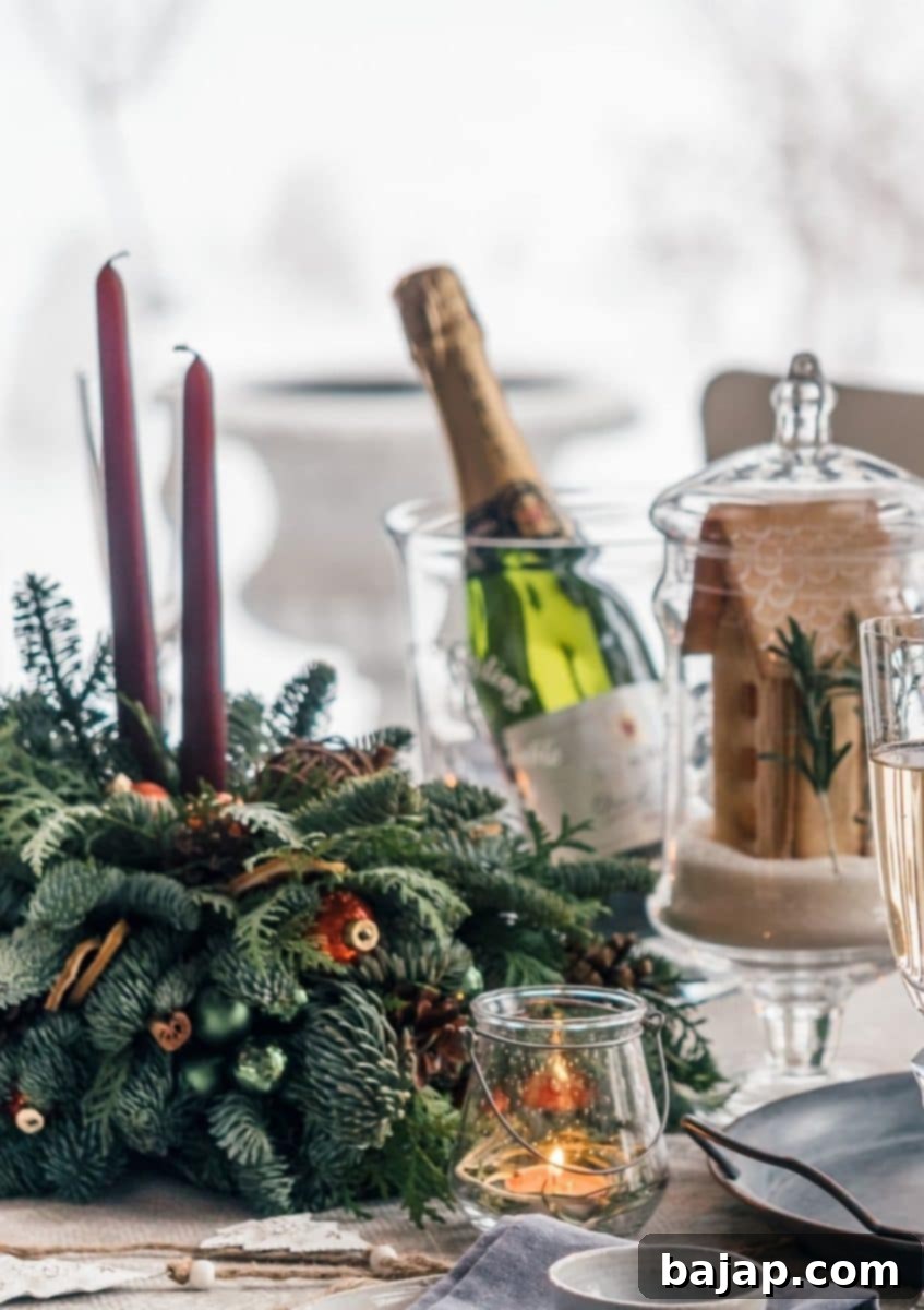 An elegant Christmas tablescape featuring natural elements like pinecones, green branches, and white accents, evoking an earthy and sophisticated feel.