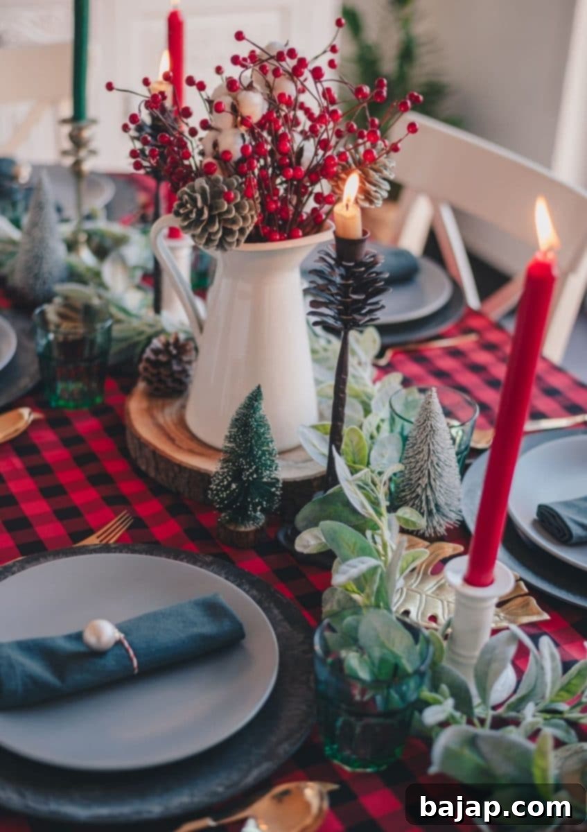 A rustic country Christmas tablescape featuring plaid elements, natural wood, and cozy decorations for a charming and homely holiday dinner.
