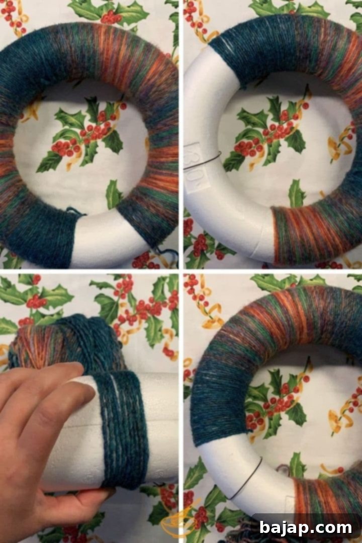 Wrapping the wool tightly around the styrofoam wreath for a flawless finish