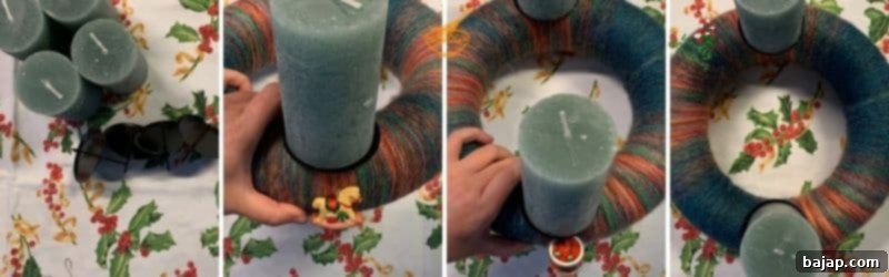 Arranging candles and charming wooden ornaments on the woolen Advent wreath