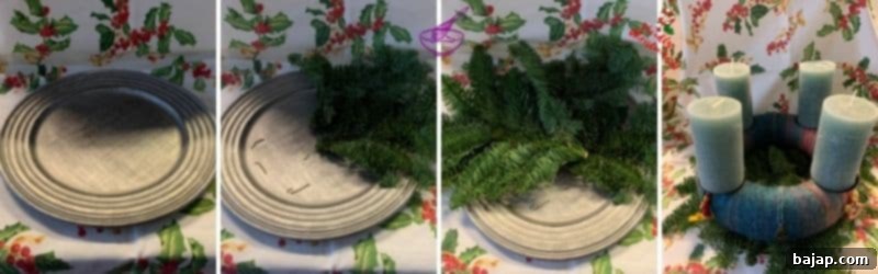 The finished woolen Advent wreath displayed on a bed of fir branches