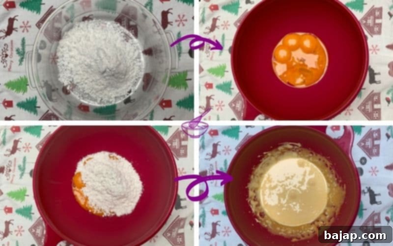 Egg yolks, powdered sugar, vanilla sugar, and salt being whipped together in a bowl with a hand mixer until foamy and pale yellow.