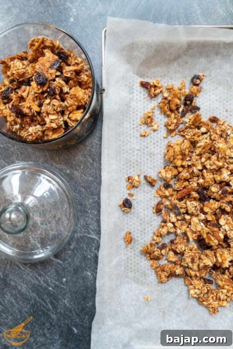 Quick and Easy Biscoff Granola 4 Break the cooled granola apart and store the loose granola in an air-tight container.