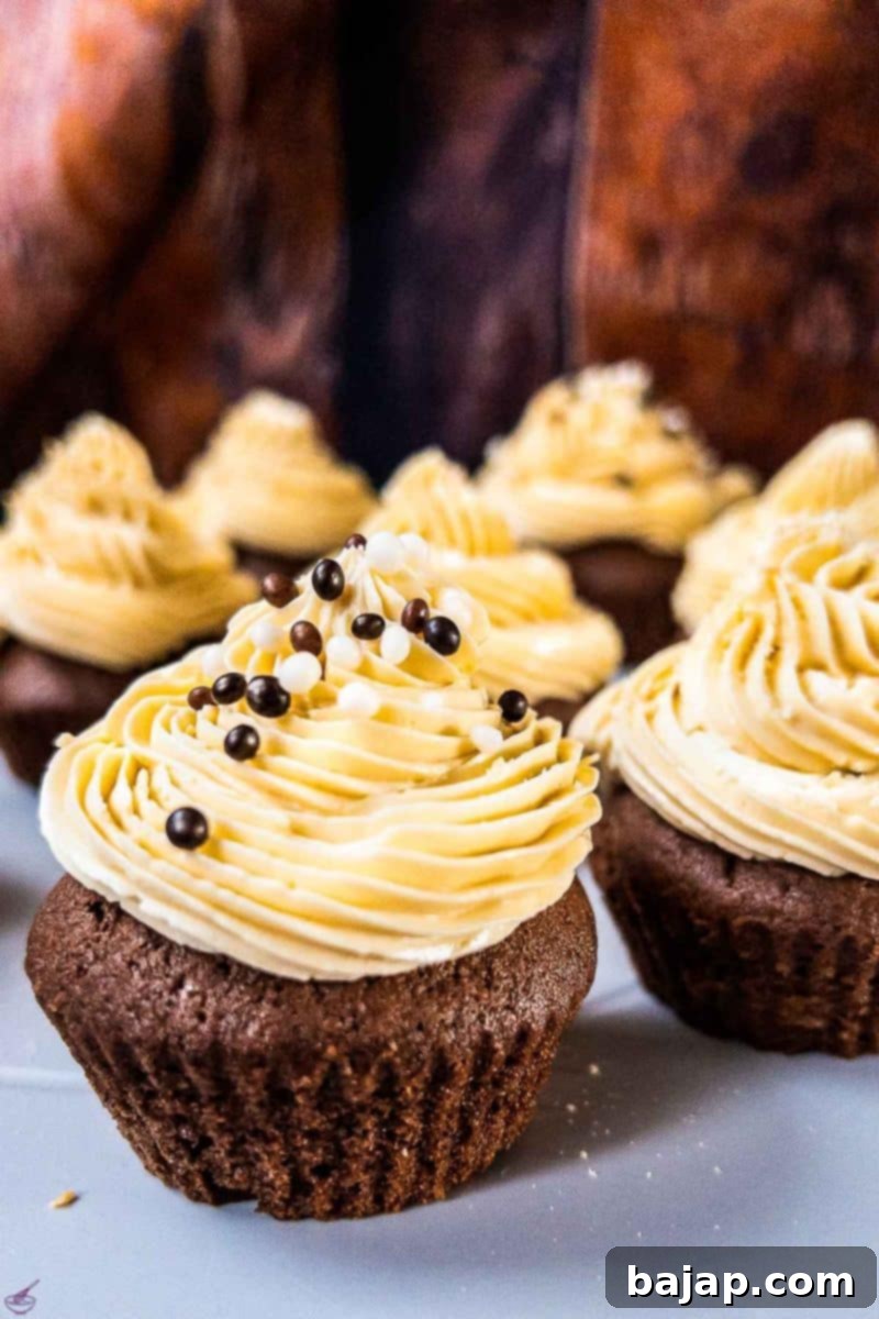 Boozy Baileys Salted Caramel Cupcakes with a delicious chocolate Sponge! Sprinkled with chocolate balls and caramel crunch.