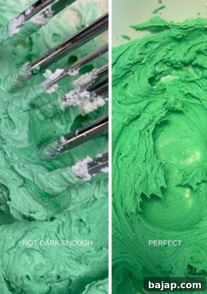 Adding green food coloring to cream cheese mixture for a vibrant St. Patrick's Day dessert
