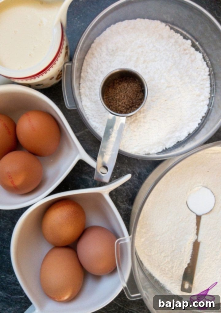 Ingredients for a delicious whipping cream cake: heavy cream, powdered sugar, eggs, vanilla sugar, flour, and baking powder.