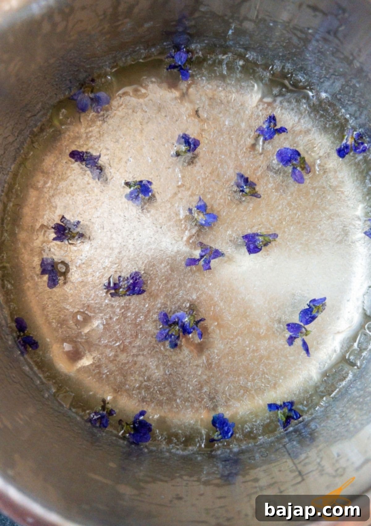 Fresh violets fully immersed in a clear sugar solution after 24 hours, looking vibrant.