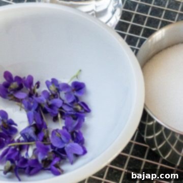Fresh violets, superfine sugar, and water