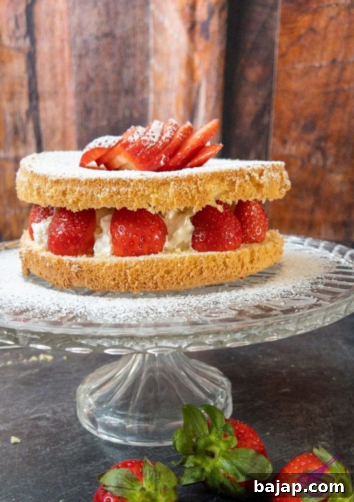Strawberry Cloud Cake 4 Assembling a strawberry sponge cake layer by layer with whipped cream and fresh strawberries.