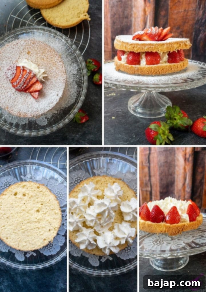 Layering process of strawberry sponge cake with whipped cream and sliced strawberries.