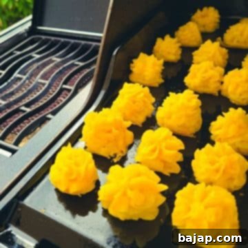 Piped mashed potatoes on grill plate (plancha)