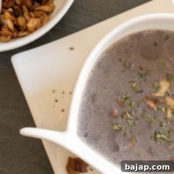 white soup bowl with chestnut porcini mushroom soup on dark ground with roasted porcini mushrooms in a second bowl and on a plate