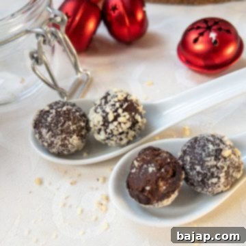 Orange Marmalade Truffles with Dark Chocolate rolled in minced almonds on white tablecloth. Christmas decoration in the back.
