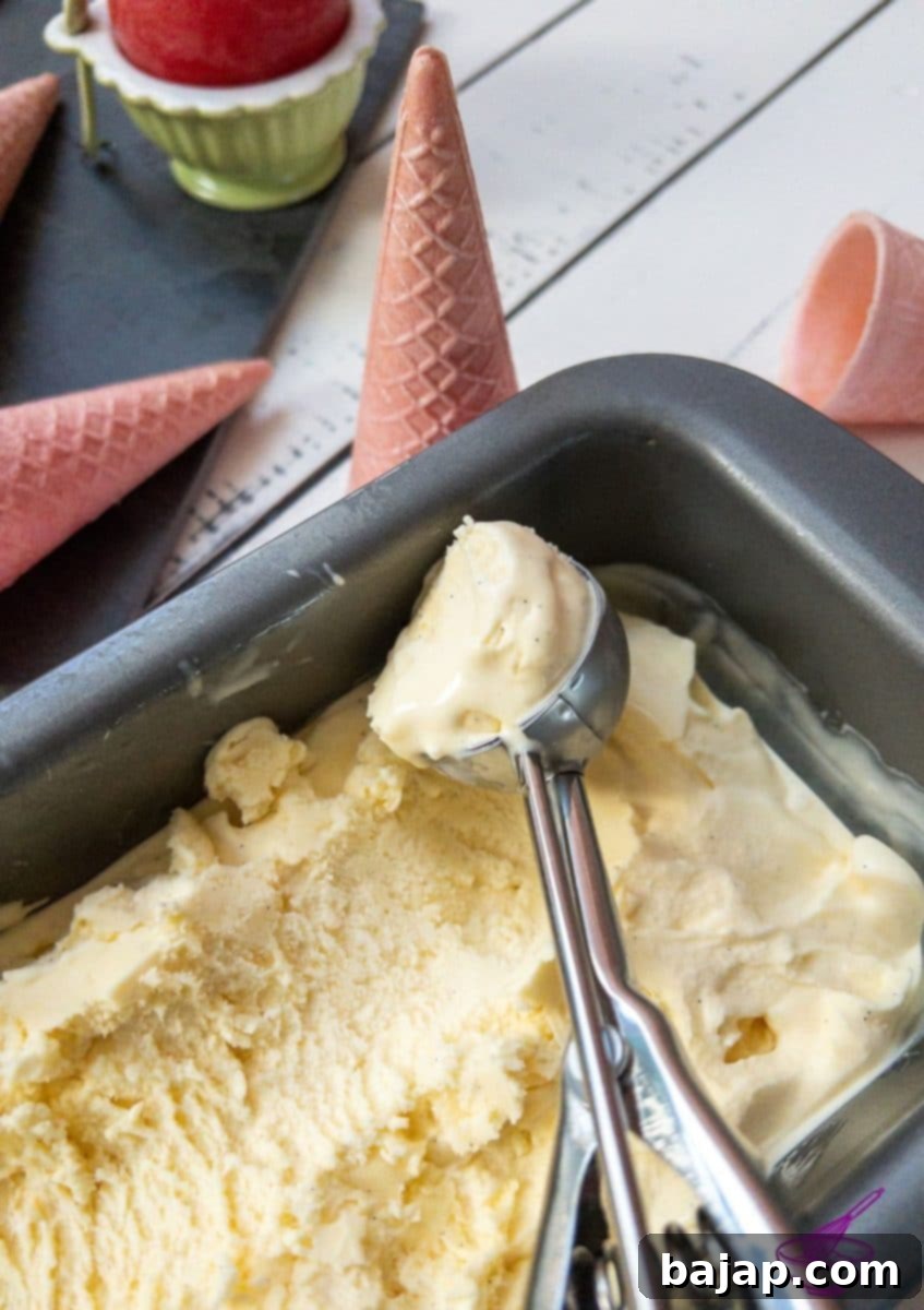 Scoops of homemade KitchenAid vanilla ice cream in a bowl, garnished with a vanilla bean pod, ready to be served.