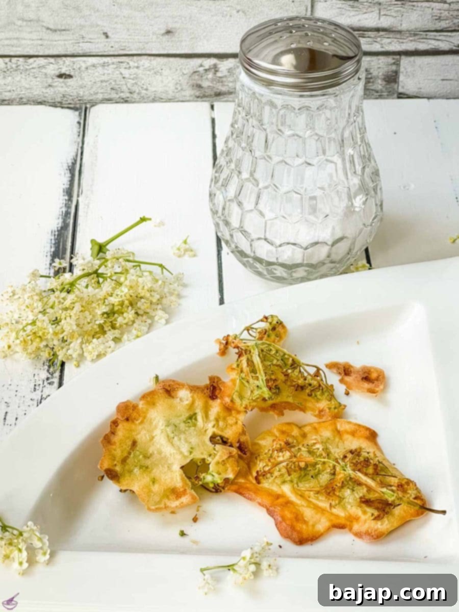 A close-up of a single elderflower fritter, perfectly golden and crispy.
