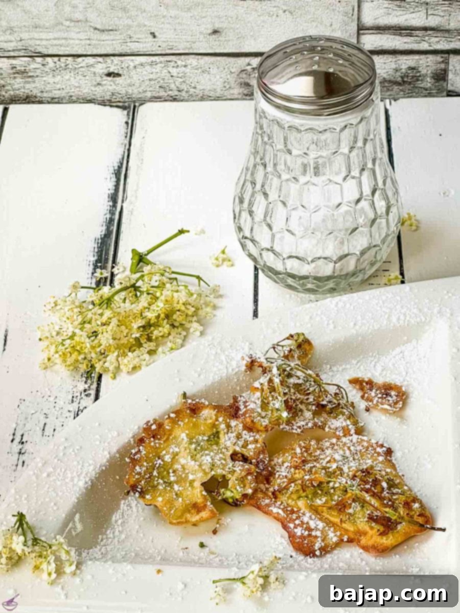 Two elderflower fritters on a white plate, ready to be enjoyed.