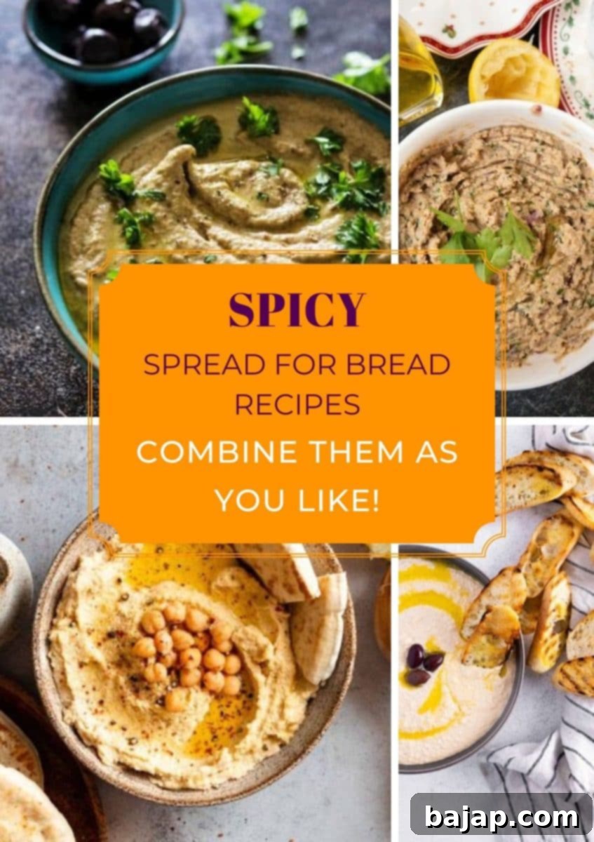 Collection of diverse savory spreads and dips including hummus, cheese, vegan, fruity, and nutty options, perfect for bread.