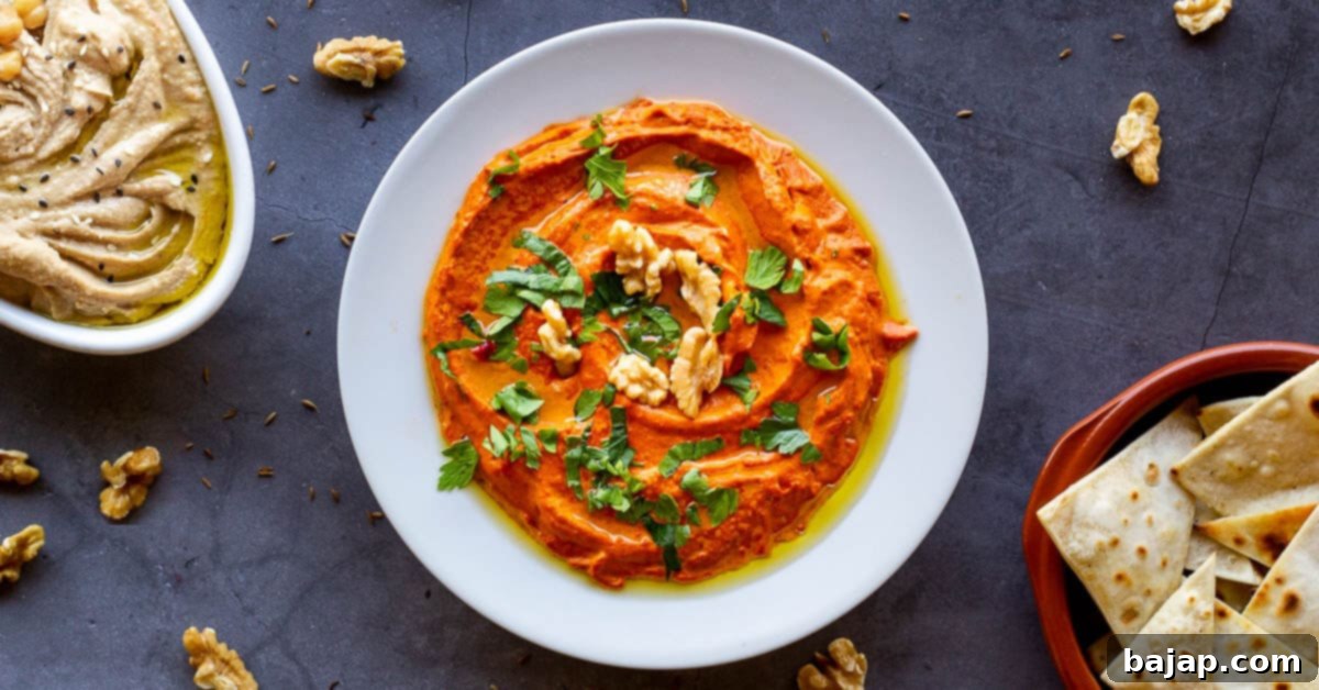 Muhammara (Roasted Red Pepper & Walnut Dip) in a bowl.