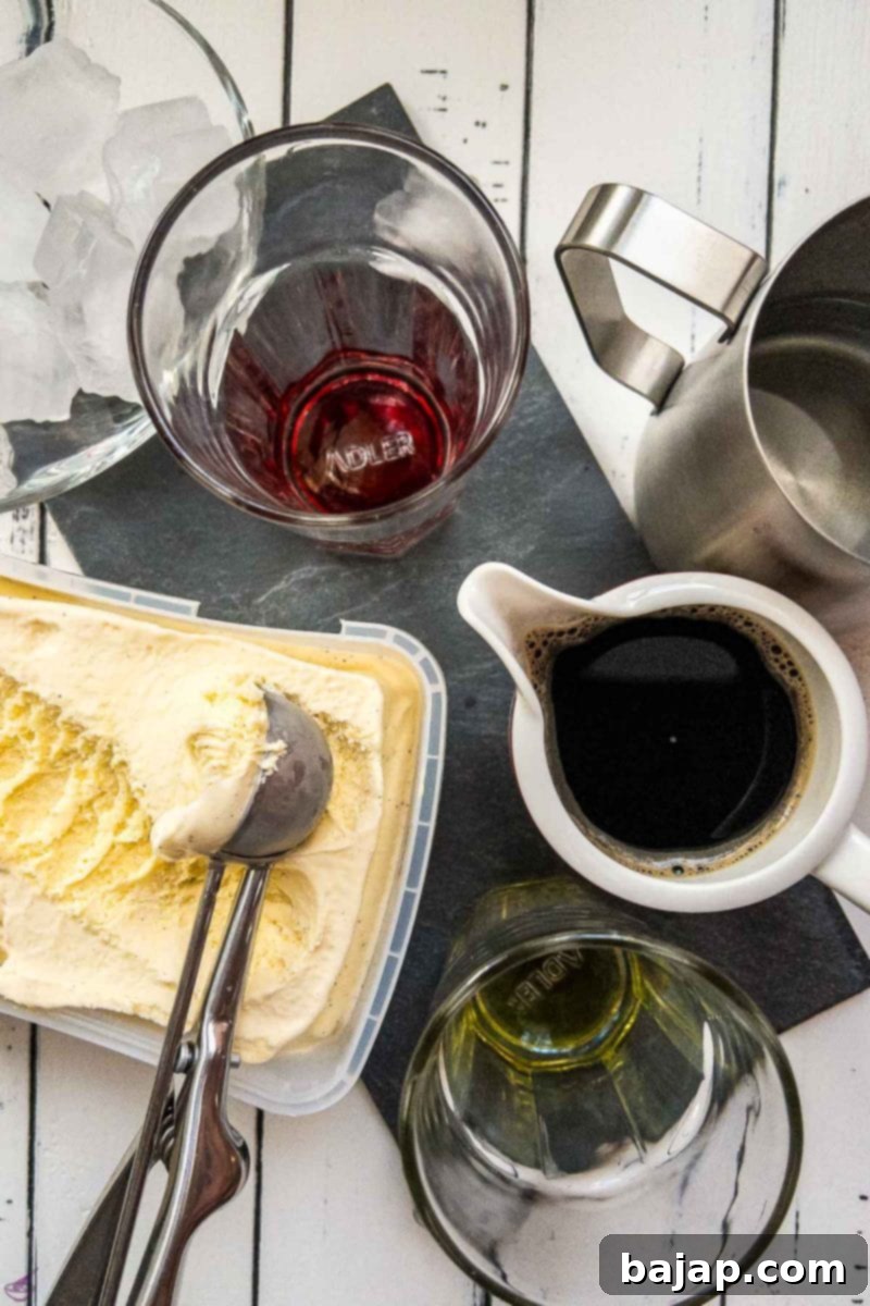 Ingredients laid out for homemade Viennese iced coffee: espresso, ice cubes, cold water, and vanilla ice cream.