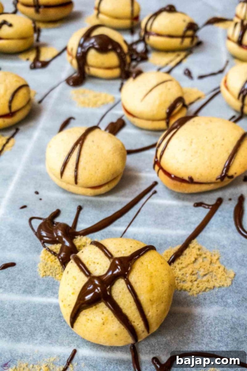 Assembled egg yolk cookies being drizzled with melted dark chocolate.