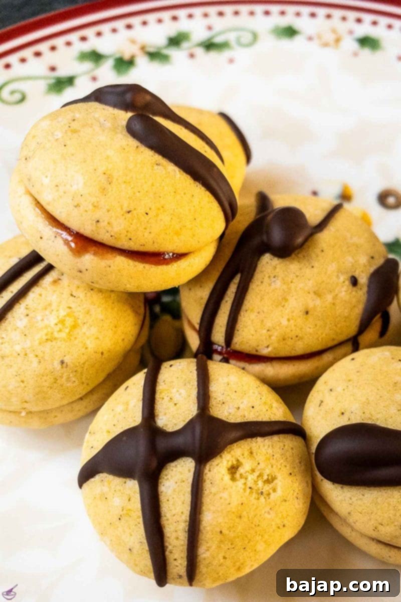 Finished egg yolk cookies with jam and chocolate drizzle, ready to serve.