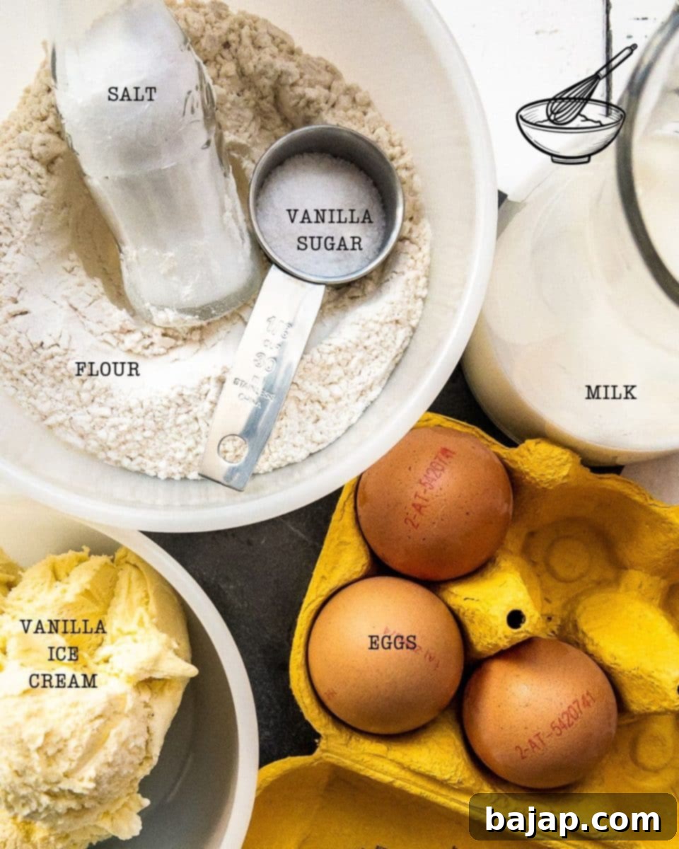 All the ingredients neatly laid out for making delicious vanilla ice cream pancakes.