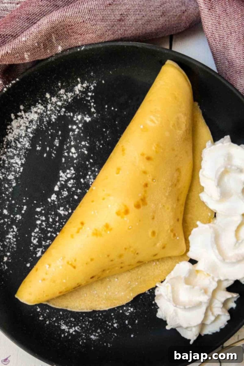 The folded pancake with ice cream, dusted with powdered sugar.