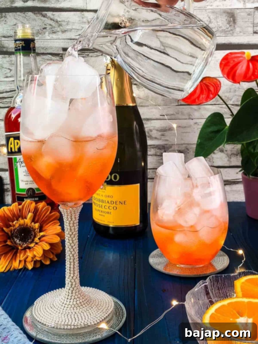 Complete your Aperol Spritz with 0.75 oz of soda water, adding the perfect amount of fizz.