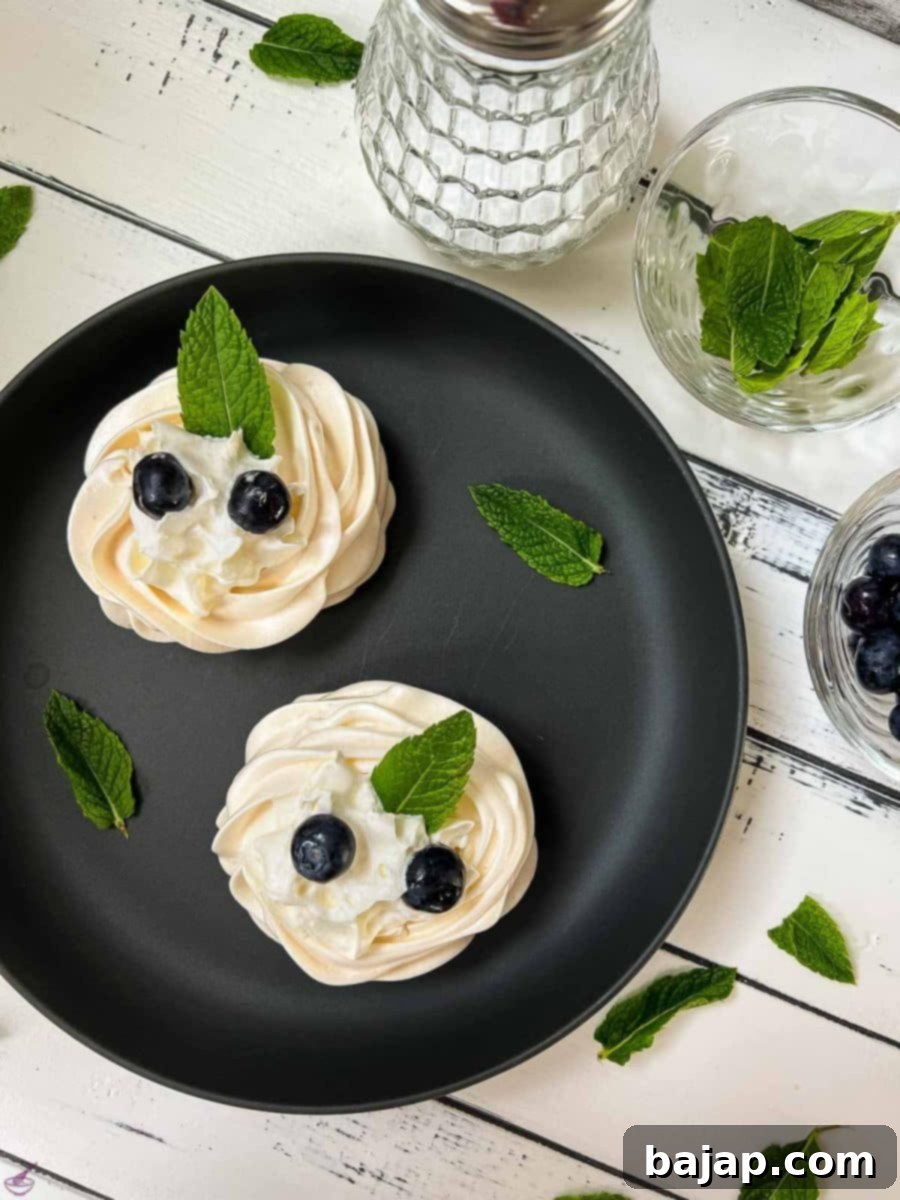 Berry Burst Pavlova Clouds 9 A completed mini pavlova on a black serving plate, beautifully filled with whipped cream, adorned with fresh blueberries and a delicate sprig of mint, and lightly dusted with powdered sugar, ready to be enjoyed.