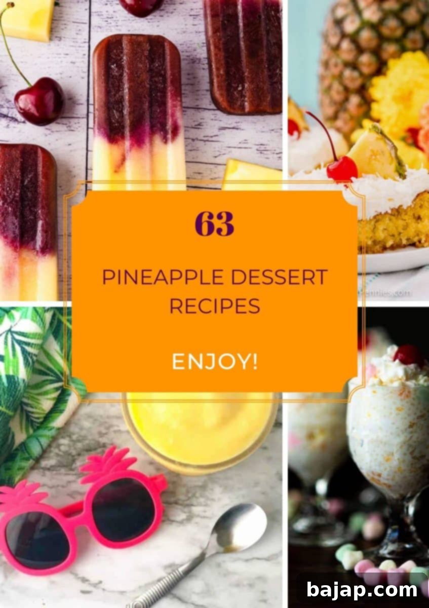 A vibrant collage of over 60 different pineapple desserts, showcasing various cakes, ice creams, no-bake treats, and pastries.