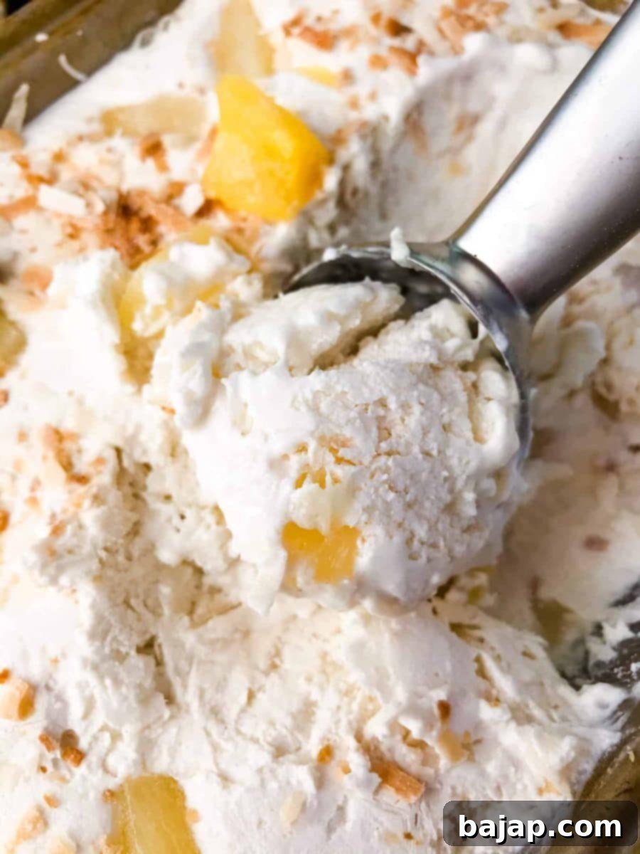 A scoop of no-churn Pina Colada ice cream in a bowl, garnished with pineapple.