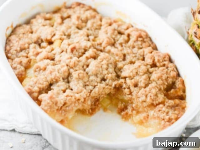 A serving of fresh pineapple crisp, topped with a scoop of vanilla ice cream.