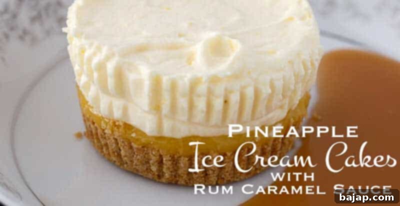 Individual pineapple ice cream cakes drizzled with rum caramel sauce.