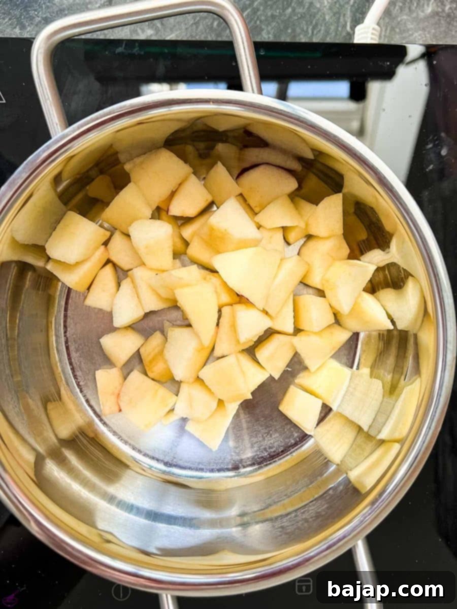 Easy Homemade Apple Compote 4 Cooking pot with fresh apple cubes.